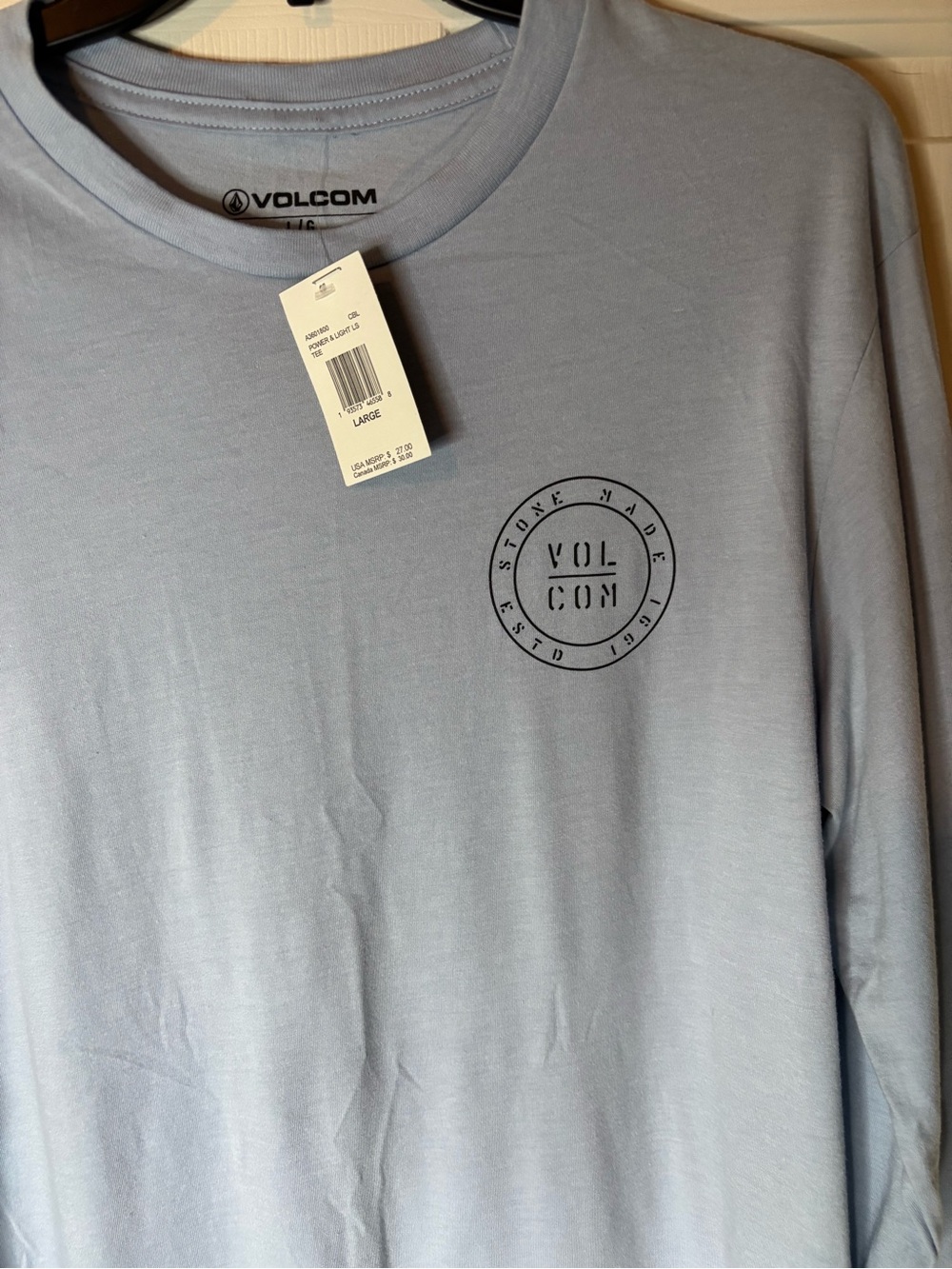 Men’s Long Sleeve Volcom T-Shirt Lt Blue SZ L NWT - Picture 2 of 4